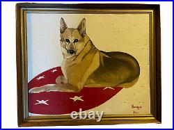 Vintage Folk Art Oil on Artist Board Painting German Shepherd signed dated