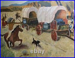 Vintage Folk Art Original Painting Wild West Fight Scene Covered Wagons Attacked