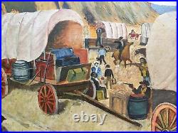 Vintage Folk Art Original Painting Wild West Fight Scene Covered Wagons Attacked