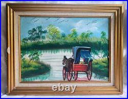 Vintage Folk Art Painting Amish Buggy From Behind Drives Country Road Original