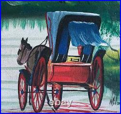 Vintage Folk Art Painting Amish Buggy From Behind Drives Country Road Original