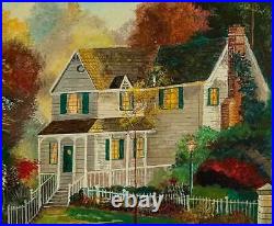 Vintage Folk Art Painting Colonial Suburban House Garden Arbor Picket Fence EVA