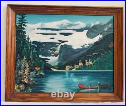 Vintage Folk Art Painting Couple Canoeing Lake Glacier Waterfall McFarlane