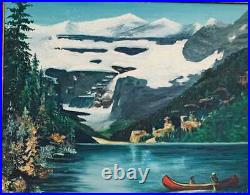 Vintage Folk Art Painting Couple Canoeing Lake Glacier Waterfall McFarlane
