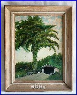 Vintage Folk Art Painting Garage Country Homestead Massive Shade Tree Original
