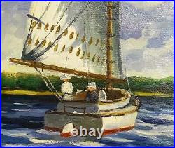 Vintage Folk Art Painting Sailboats Old School Tiny Boaters Original Marine