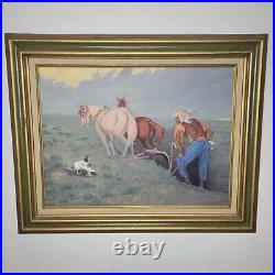 Vintage Folk Art Painting South West Western Farmer Plowing Field 31 x 25