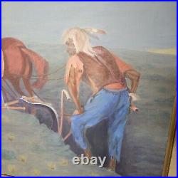 Vintage Folk Art Painting South West Western Farmer Plowing Field 31 x 25