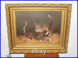 Vintage Folk Art Painting Two Kittens Oil painting on canvas in Frame