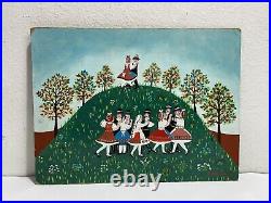 Vintage Folk Art Painting on Masonite Boards by E. Molnar Dancing on Hills