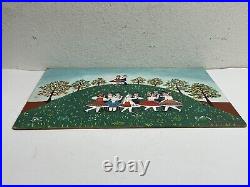 Vintage Folk Art Painting on Masonite Boards by E. Molnar Dancing on Hills