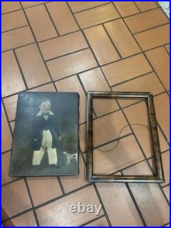 Vintage Folk Art Primitive Oil On Canvas Painting Man/Boy & Dog Detached Frame