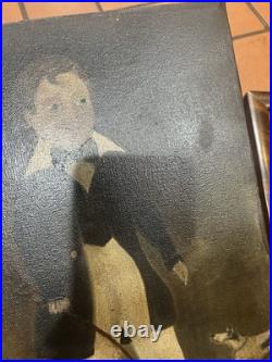 Vintage Folk Art Primitive Oil On Canvas Painting Man/Boy & Dog Detached Frame