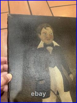 Vintage Folk Art Primitive Oil On Canvas Painting Man/Boy & Dog Detached Frame