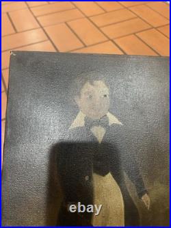 Vintage Folk Art Primitive Oil On Canvas Painting Man/Boy & Dog Detached Frame