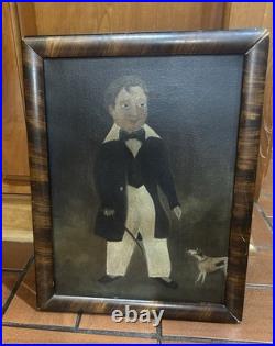 Vintage Folk Art Primitive Oil On Canvas Painting Man/Boy & Dog Detached Frame