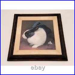 Vintage Folk Art Rabbit Oil Painting Signed Framed