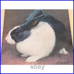 Vintage Folk Art Rabbit Oil Painting Signed Framed