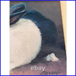 Vintage Folk Art Rabbit Oil Painting Signed Framed