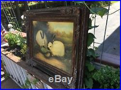 Vintage Folk Art Rabbits Bunnies Painting Print Gorgeous Frame Pastoral Signed