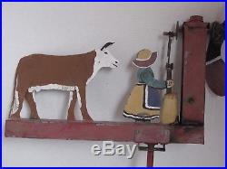 Vintage Folk Art Whirligig of a Woman and Cow All Metal Original Paint