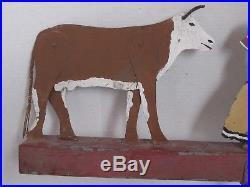 Vintage Folk Art Whirligig of a Woman and Cow All Metal Original Paint