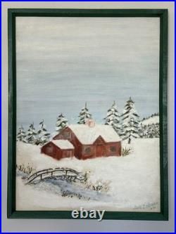Vintage Folk Art Winter Snow Scene Of Cabin In The Woods Oil Painting Gem