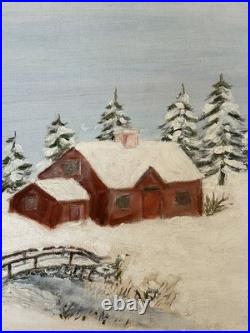 Vintage Folk Art Winter Snow Scene Of Cabin In The Woods Oil Painting Gem