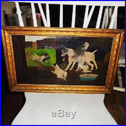 Vintage Folk Oil Painting on Canvas-RAT TERRIER DOGS-Mother & 5 Puppies with Rat