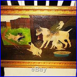 Vintage Folk Oil Painting on Canvas-RAT TERRIER DOGS-Mother & 5 Puppies with Rat