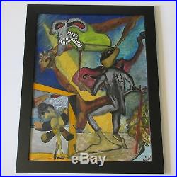 Vintage Folk Surrealism Outsider Abstract Painting Modernism Nude Skull Piano