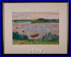 Vintage Framed Original Folk Art Landscape Gouache on Paper Rural Riverside