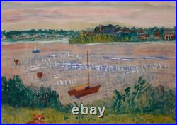 Vintage Framed Original Folk Art Landscape Gouache on Paper Rural Riverside