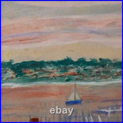 Vintage Framed Original Folk Art Landscape Gouache on Paper Rural Riverside