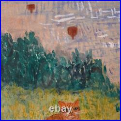 Vintage Framed Original Folk Art Landscape Gouache on Paper Rural Riverside