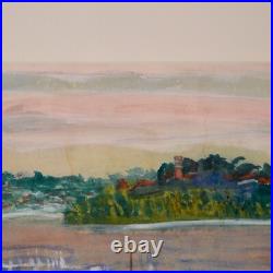 Vintage Framed Original Folk Art Landscape Gouache on Paper Rural Riverside