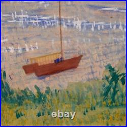 Vintage Framed Original Folk Art Landscape Gouache on Paper Rural Riverside