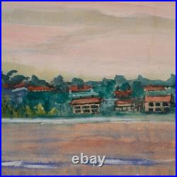 Vintage Framed Original Folk Art Landscape Gouache on Paper Rural Riverside