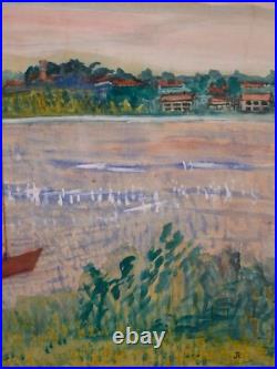 Vintage Framed Original Folk Art Landscape Gouache on Paper Rural Riverside