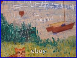 Vintage Framed Original Folk Art Landscape Gouache on Paper Rural Riverside