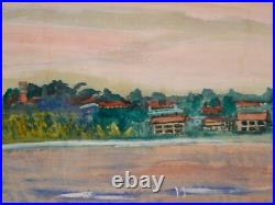 Vintage Framed Original Folk Art Landscape Gouache on Paper Rural Riverside