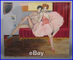 Vintage French Naive Folk Art Oil Painting, Ballerinas, Nude Woman, Dancer, Girl