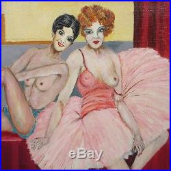 Vintage French Naive Folk Art Oil Painting, Ballerinas, Nude Woman, Dancer, Girl