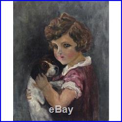Vintage French Naive Folk Art Painting, Child and Puppy Dog, Signed