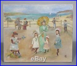 Vintage French Painting, Naïve Folk Art, Belle Epoque Seaside Beach Children Dog
