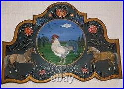 Vintage German acrylic hand toll painted signed wooden plaque rooster horse art