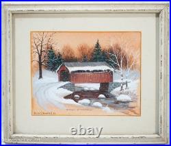 Vintage Golda Clara Shepherd Folk Art Painting Snowy Covered Bridge, Lovely