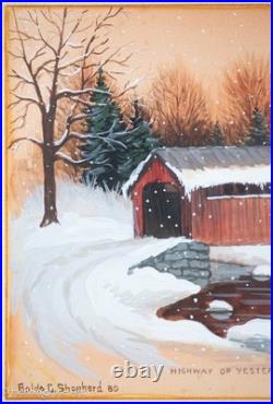 Vintage Golda Clara Shepherd Folk Art Painting Snowy Covered Bridge, Lovely