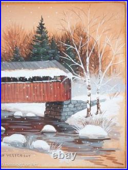 Vintage Golda Clara Shepherd Folk Art Painting Snowy Covered Bridge, Lovely