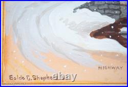 Vintage Golda Clara Shepherd Folk Art Painting Snowy Covered Bridge, Lovely